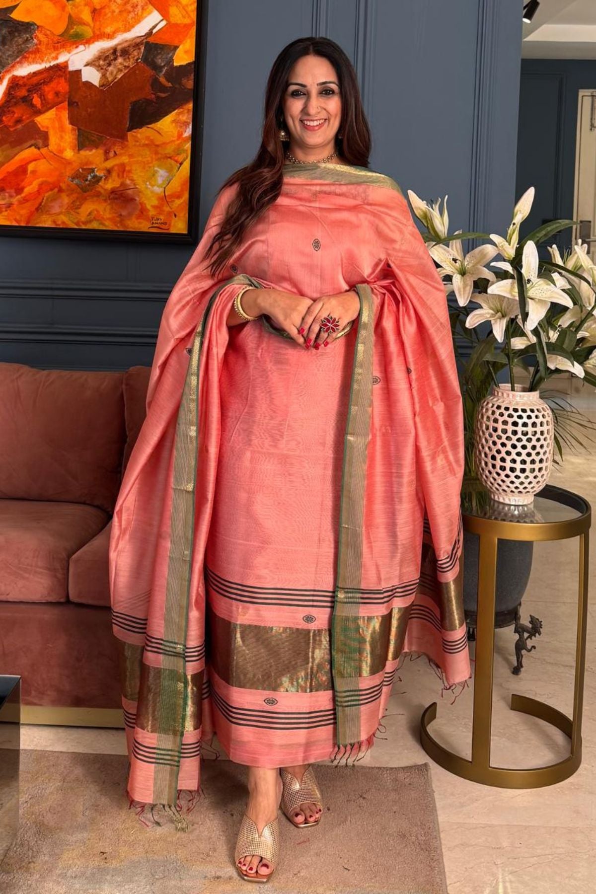Handwoven Maheshwari silk kurta dupatta set